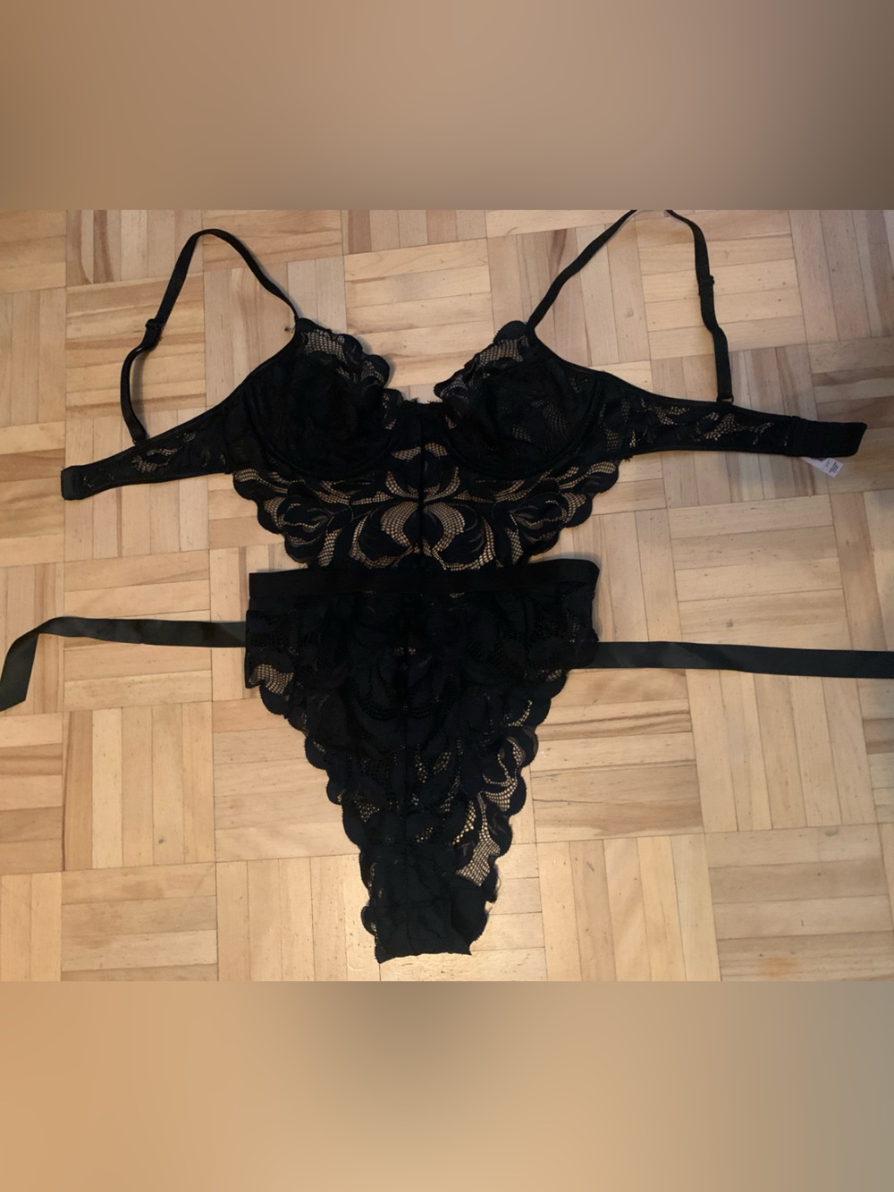 La Vie En Rose Black Lace Bra and Strappy Lace Thong Set